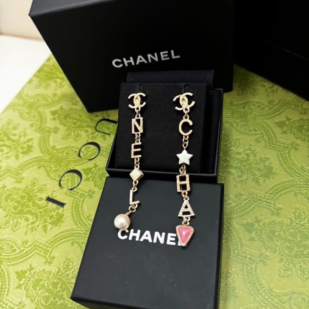 CHANEL Gold and Pink Letter Earrings